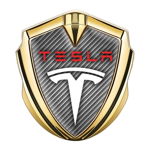 Tesla Abzeichen selbstklebend Goldtonfarbe Grau Carbon mit Weiss Rote Logo