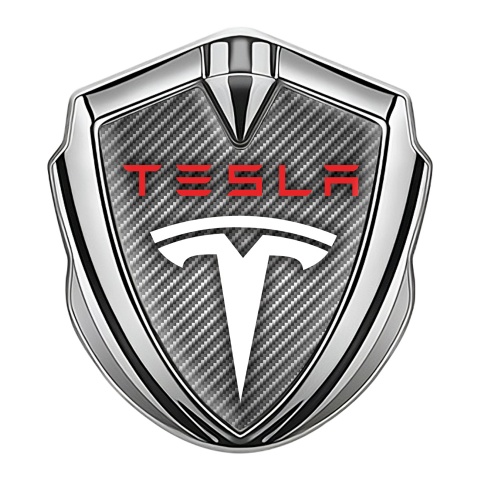 Tesla Abzeichen selbstklebend Silbertonfarbe Grau Carbon mit Weiss Rote Logo