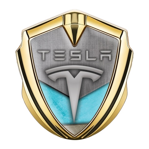 Tesla Selbstklebendes Metallaufkleber Emblem Goldtonfarbe Marineblau Motiv