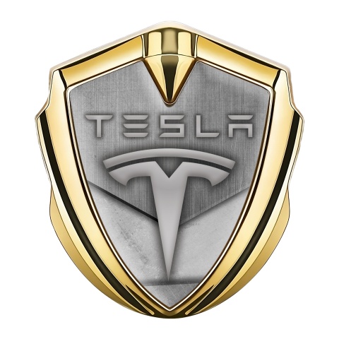 Tesla Emblem Logo Schriftzug Aufkleber Goldtonfarbe Asphalt und Stein Effekt Auflage