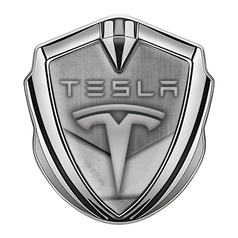 Tesla Emblem Logo Schriftzug Aufkleber Silbertonfarbe Asphalt und Stein Effekt Auflage