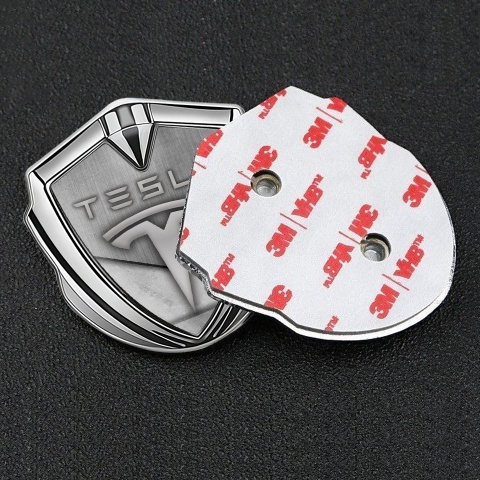 Tesla Emblem Logo Schriftzug Aufkleber Silbertonfarbe Asphalt und Stein Effekt Auflage