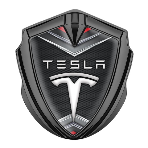Tesla 3D Car Metal Domed Emblem Graphite Fine Metal Mesh Chrome Elements