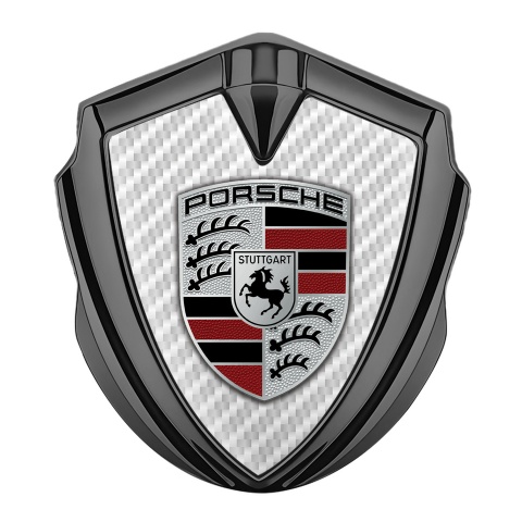 Porsche Emblem Abzeichen Graphit Tonfarbe mit Weiss Kohlenstoff Basis und Farbe Logo Stil