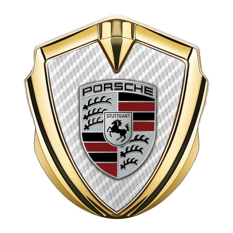 Porsche Emblem Abzeichen Goldtonfarbe mit Weiss Kohlenstoff Basis und Farbe Logo Stil