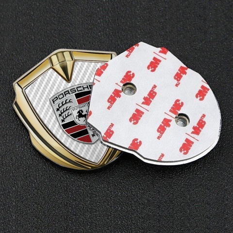 Porsche Emblem Abzeichen Goldtonfarbe mit Weiss Kohlenstoff Basis und Farbe Logo Stil