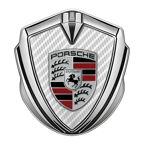 Porsche Emblem Abzeichen Silbertonfarbe mit Weiss Kohlenstoff Basis und Farbe Logo Stil
