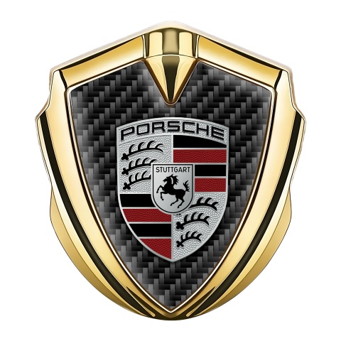 Porsche Emblem Abzeichen selbstklebend Goldtonfarbe mit Kohlenstoff Basis Effekt und Farbe Logo stil