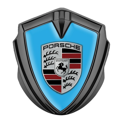 Porsche Emblem Auto Zeichen Graphit Tonfarbe mit Blau Hintergrund Auflage