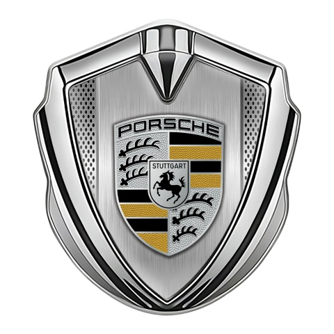 Porsche Emblem Aufkleber Autozubehor Silbertonfarbe mit Lichtnetzwerk Basis umd Schwarz Gelb Logo Stil