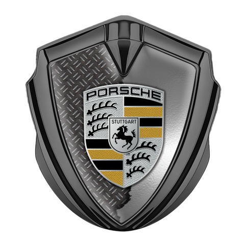 Porsche Selbstklebendes Metallaufkleber Emblem Graphit Tonfarbe mit Zerrissener Stahl Effekt und Schwarz Gelb Logo