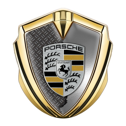 Porsche Selbstklebendes Metallaufkleber Emblem Goldtonfarbe mit Zerrissener Stahl Effekt und Schwarz Gelb Logo