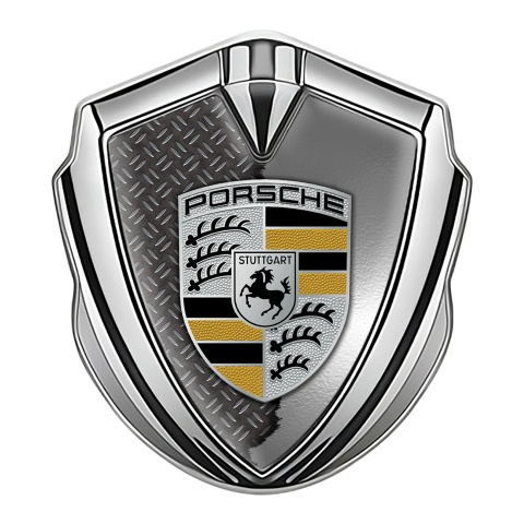 Porsche Selbstklebendes Metallaufkleber Emblem Silbertonfarbe mit Zerrissener Stahl Effekt und Schwarz Gelb Logo
