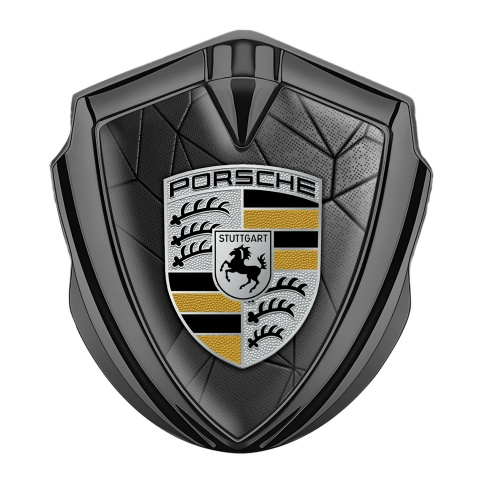Porsche Emblem Logo Schriftzug Aufkleber Graphit Tonfarbe mit Dunkel Mosaik Effekt und Schwarz Gelb Logo