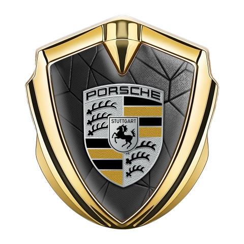 Porsche Emblem Logo Schriftzug Aufkleber Goldtonfarbe mit Dunkel Mosaik Effekt und Schwarz Gelb Logo