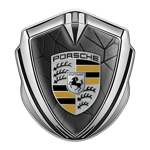 Porsche Emblem Logo Schriftzug Aufkleber Silbertonfarbe mit Dunkel Mosaik Effekt und Schwarz Gelb Logo