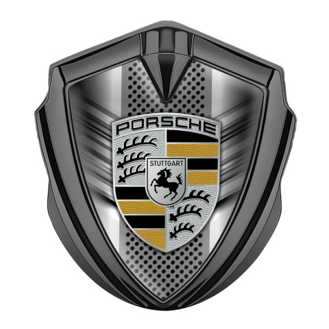 Porsche Seitenflugel Emblem Aufkleber Graphit Tonfarbe mit Frontgrill Basis und Schwarz Gelb Logo Stil