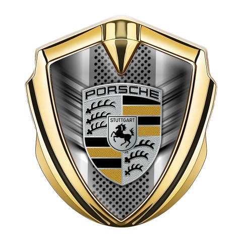 Porsche Seitenflugel Emblem Aufkleber Goldtonfarbe mit Frontgrill Basis und Schwarz Gelb Logo Stil