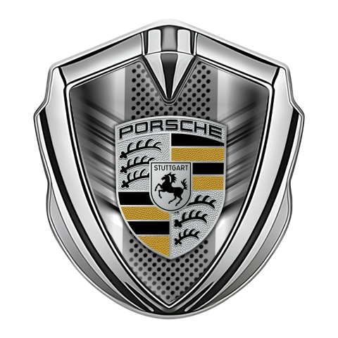 Porsche Seitenflugel Emblem Aufkleber Silbertonfarbe mit Frontgrill Basis und Schwarz Gelb Logo Stil