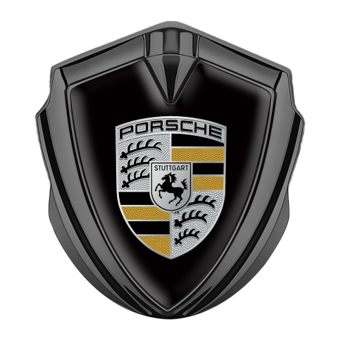 Porsche Emblem Abzeichen Graphit Tonfarbe mit Schwarz Hintergrund und Gelb elemente Logo