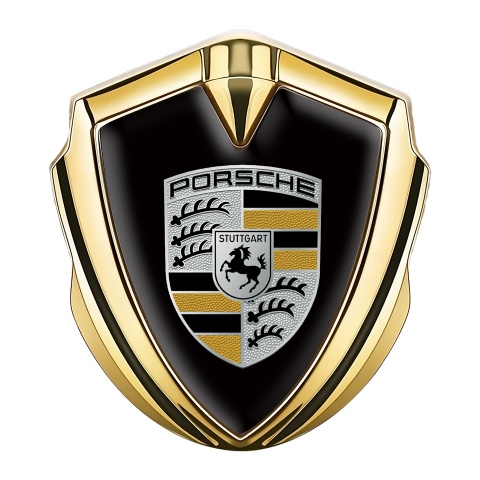 Porsche Emblem Abzeichen Goldtonfarbe mit Schwarz Hintergrund und Gelb elemente Logo