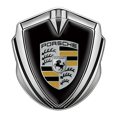 Porsche Emblem Abzeichen Silbertonfarbe mit Schwarz Hintergrund und Gelb elemente Logo