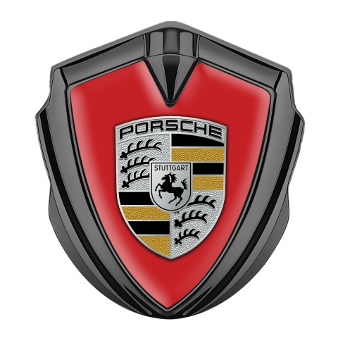 Porsche Emblem Abzeichen selbstklebend Graphit Tonfarbe mit Rote Hintergrund und  Schwarz Gelb Logo Stil
