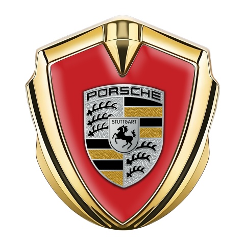 Porsche Emblem Abzeichen selbstklebend Goldtonfarbe mit Rote Hintergrund und Schwarz Gelb Logo Stil