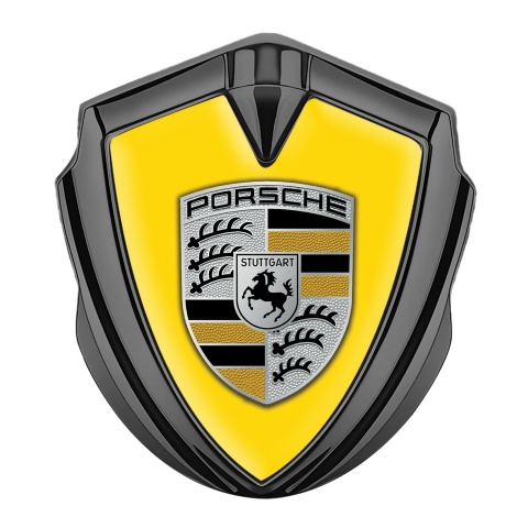 Porsche Emblem Auto Zeichen Graphit Tonfarbe mit Gelb Fundaments und Grau Schwarz Logo Stil