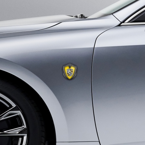 Porsche Emblem Auto Zeichen Graphit Tonfarbe mit Gelb Fundaments und Grau Schwarz Logo Stil