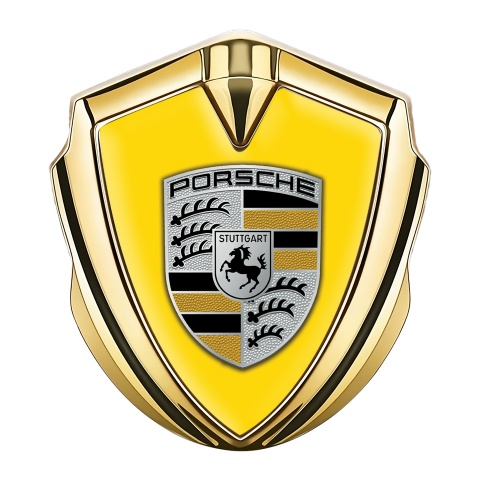 Porsche Emblem Auto Zeichen Goldtonfarbe mit Gelb Fundaments und Grau Schwarz Logo Stil