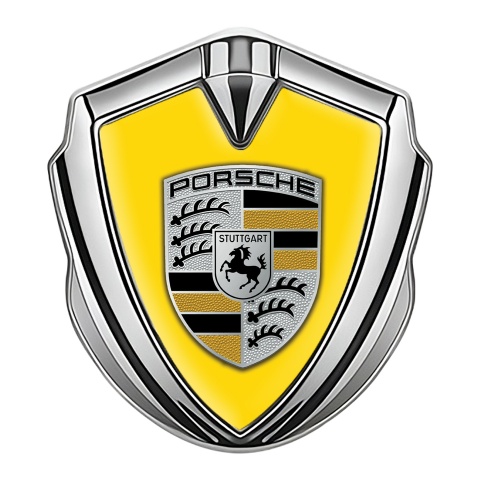 Porsche Emblem Auto Zeichen Silbertonfarbe mit Gelb Fundaments und Grau Schwarz Logo Stil