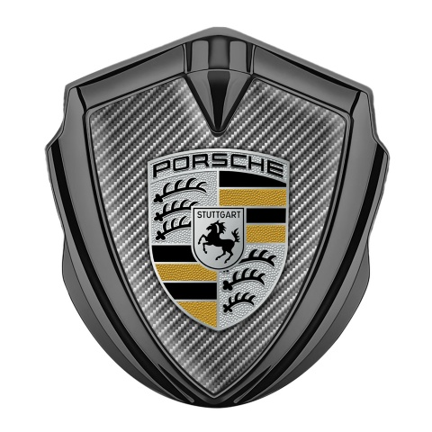 Porsche Selbstklebendes Metallaufkleber Emblem Graphit Tonfarbe mit Heller Kohlenstoff Hintergrund Design