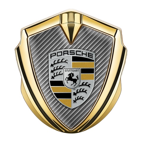 Porsche Selbstklebendes Metallaufkleber Emblem Goldtonfarbe mit Heller Kohlenstoff Hintergrund Design