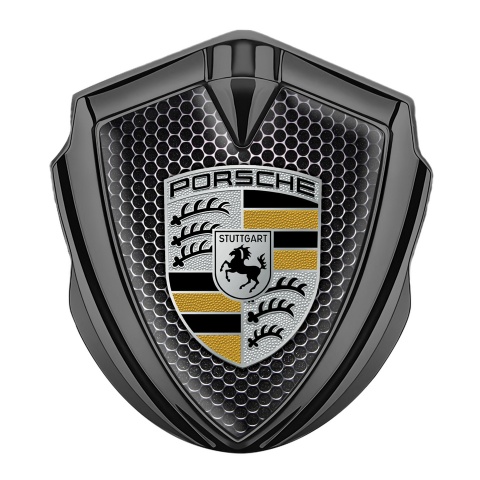 Porsche Emblem Logo Schriftzug Aufkleber Graphit Tonfarbe mit Perforierter Stahl Effekt Hintergrund