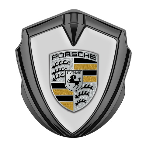 Porsche Seitenflugel Emblem Aufkleber Graphit Tonfarbe mit Grau Fundaments und Schwarz Gelb Logo Stil