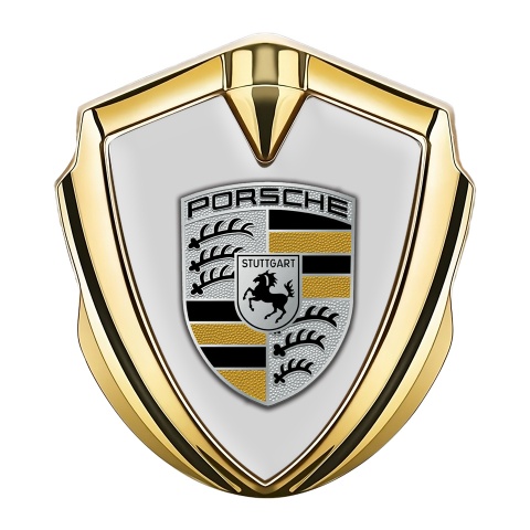 Porsche Seitenflugel Emblem Aufkleber Goldtonfarbe mit Grau Fundaments und Schwarz Gelb Logo Stil
