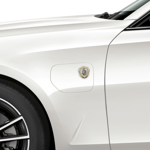Porsche Seitenflugel Emblem Aufkleber Goldtonfarbe mit Grau Fundaments und Schwarz Gelb Logo Stil