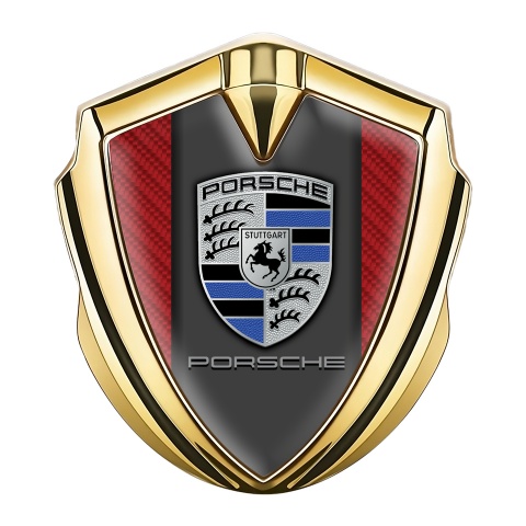 Porsche Emblem Abzeichen selbstklebend Goldtonfarbe mit Rote Carbon hintergrund und Denim Logo Stil