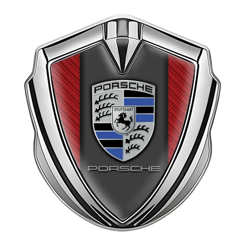 Porsche Emblem Abzeichen selbstklebend Silbertonfarbe mit Rote Carbon hintergrund und Denim Logo Stil