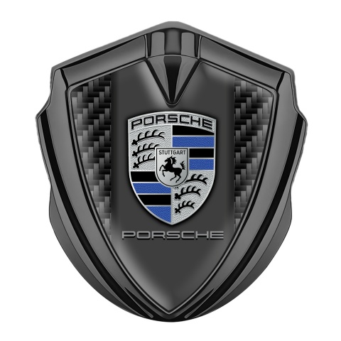 Porsche Emblem Auto Zeichen Graphit Tonfarbe mit Schwarz Kohlenstoff Basis und Denim Logo