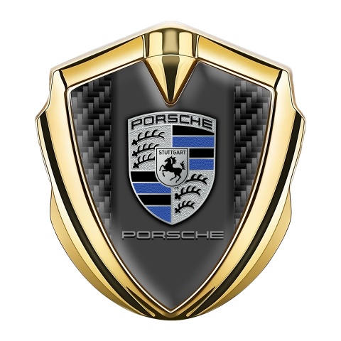 Porsche Emblem Auto Zeichen Goldtonfarbe mit Schwarz Kohlenstoff Basis und Denim Logo