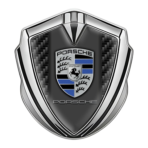Porsche Emblem Auto Zeichen Silbertonfarbe mit Schwarz Kohlenstoff Basis und Denim Logo