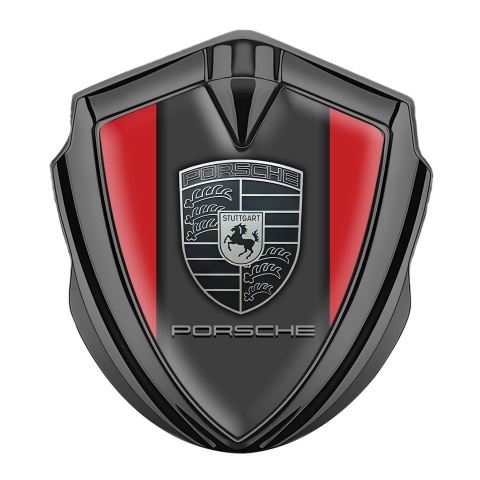 Porsche Seitenflugel Emblem Aufkleber Graphit Tonfarbe mit Rot Fundaments und Monochromes Logo