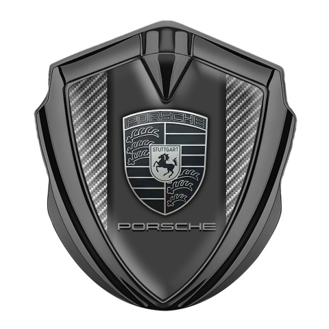Porsche Emblem Abzeichen Graphit Tonfarbe mit Hell Carbon und Monochromes Logo Stil