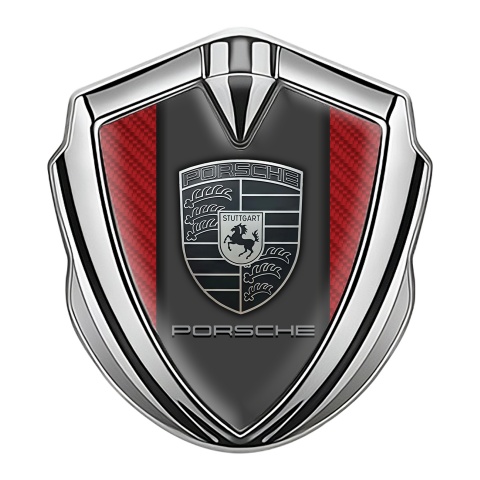 Porsche Emblem Aufkleber Autozubehor Silbertonfarbe mit Rote Carbon Basis und Monochromes Logo