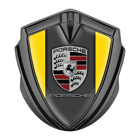 Porsche Emblem Abzeichen Graphit Tonfarbe mit Gelb Grau Basis und Klassisch Logo Variante