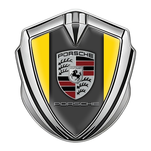 Porsche Emblem Abzeichen Silbertonfarbe mit Gelb Grau Basis und Klassisch Logo Variante
