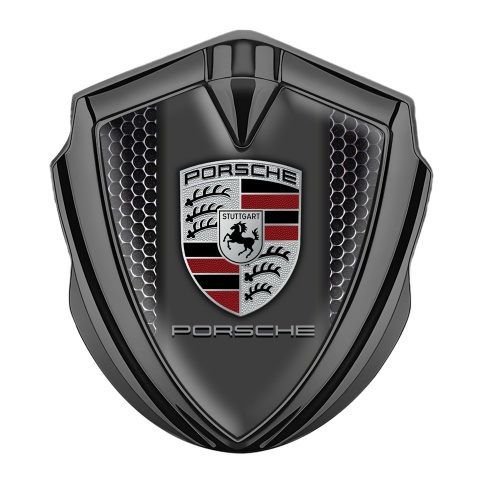 Porsche Emblem Abzeichen selbstklebend Graphit Tonfarbe mit Perforierter Stahl Effekt und Klassisch Logo