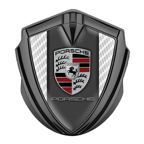 Porsche Emblem Logo Schriftzug Aufkleber Graphit Tonfarbe mit Weiss Carbon und Klassisch Logo Stil